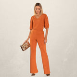 Conjunto Blusa Decote V com Calça Flare